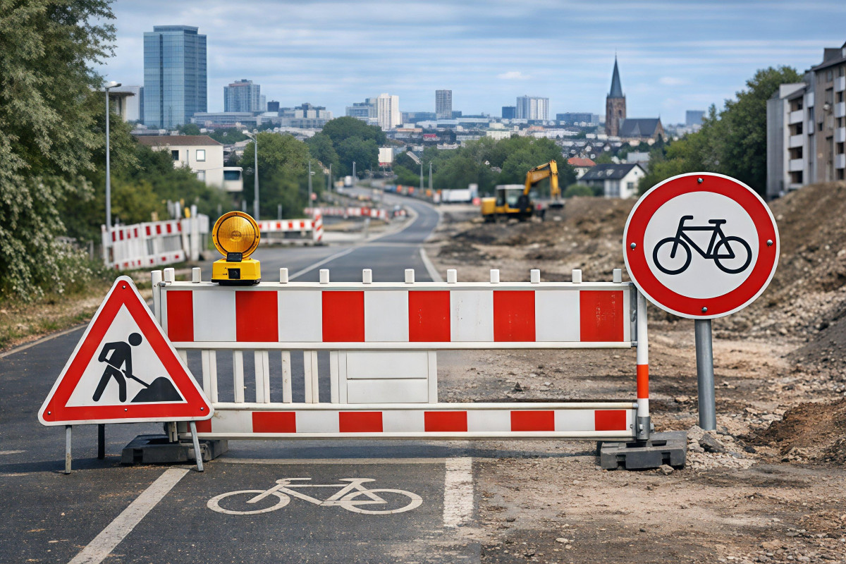 Gesperrter Radweg mit Baustellenabsperrung und Verkehrsschildern in einer deutschen Stadt