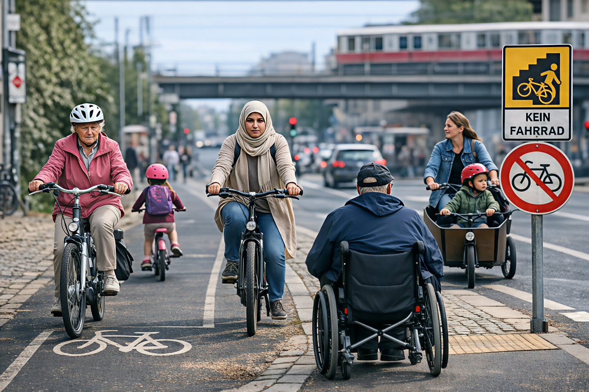 Unterschiedliche Verkehrsteilnehmende auf einem Radweg im Stadtverkehr mit widersprüchlicher Beschilderung