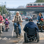 Unterschiedliche Verkehrsteilnehmende auf einem Radweg im Stadtverkehr mit widersprüchlicher Beschilderung