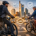 Zwei E‑Bikes an einer städtischen Kreuzung; eingeblendete Symbole für AUTO, ABS und Sicherheit.